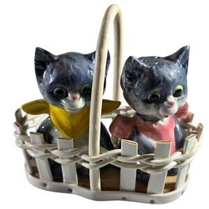 Vtg Ceramic Cat Salt Pepper Shakers With Basket Holder By Goebel Germany